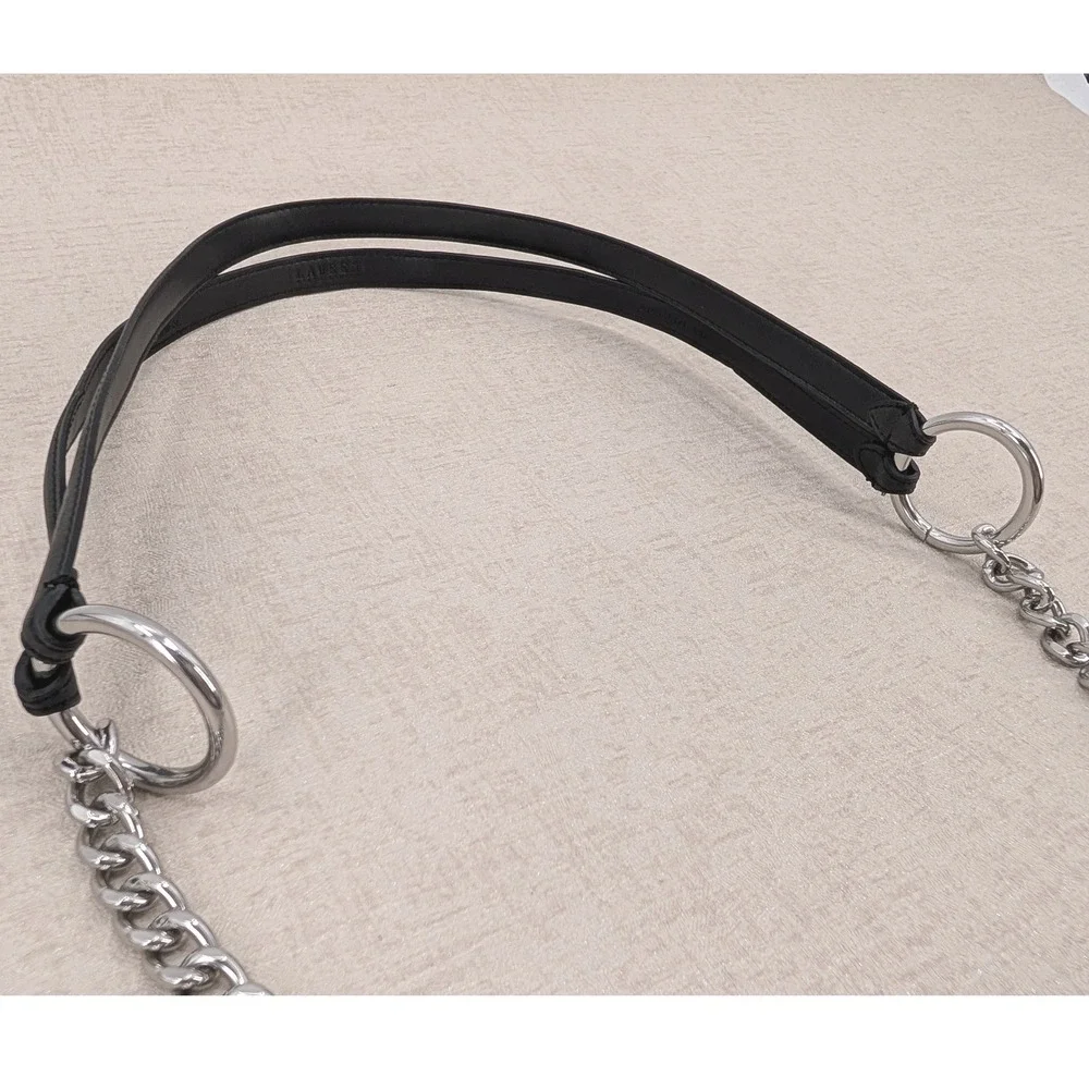 Lauren Ralph Lauren Black Leather Silver Chain Link Belt Small Charm Hook Clasp
